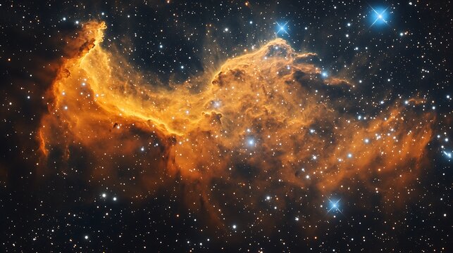 A dazzling nebula in deep-space with orange and yellow hues blending into a dark backdrop