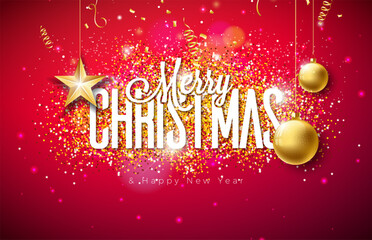 Merry Christmas and Happy New Year Illustration with Glittered Typography Letter, Gold Glass Ball and Falling Confetti on Shiny Red Background. Vector Holiday Season Design for Greeting Card, Party