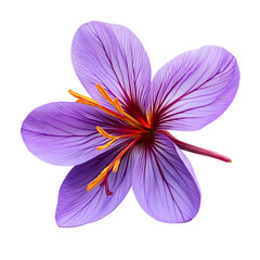 Fresh saffron crocus flower blooming isolated, natural aromatic spice plant petals, organic exotic cooking ingredient blossom in purple pink color