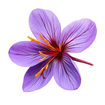 Fototapeta Fresh saffron crocus flower blooming isolated, natural aromatic spice plant petals, organic exotic cooking ingredient blossom in purple pink color