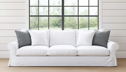 White sofa with gray pillows in cozy living room, framed by a large window showcasing a serene view, inviting for relaxation.