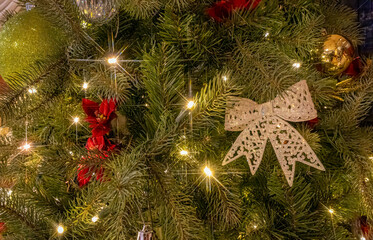 Christmas tree decorations close up