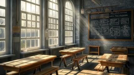 An old-school classroom with wooden desks, a chalkboard filled with writing, and sunlight filtering through tall windows casting long shadows. 32k, full ultra hd, high resolution
