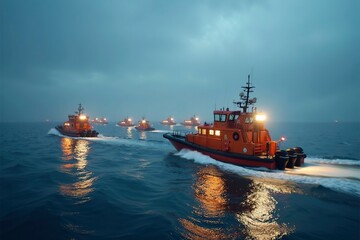 Fototapeta premium Rescue boats navigate through expansive waters, symbolizing hope and determination in the face of vast challenges.
