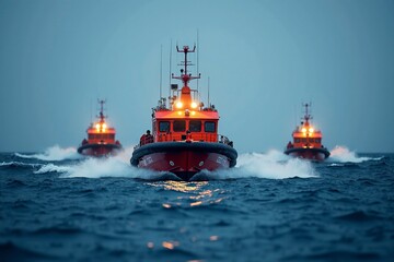 Rescue boats navigate through expansive waters, symbolizing hope and determination in the face of vast challenges.