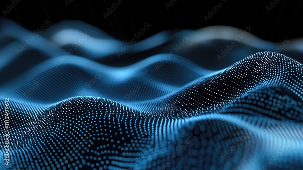 Poster a digital abstraction of pixel dots creating an illusion of waves, moving from dark to light shades,