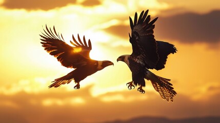 Fototapeta premium An eagle and a falcon clashing mid-air against a dramatic sunset sky, their talons locked as feathers fly, representing the high stakes of competition