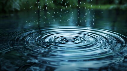 Raindrops falling softly on a quiet pond, creating ripples that spread out in perfect circles 32k, full ultra hd, high resolution