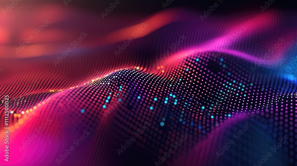 Poster a digital abstraction of pixel dots creating an illusion of waves, moving from dark to light shades,