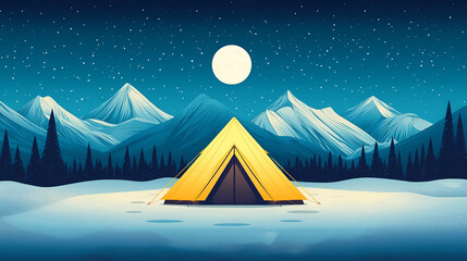 A cozy yellow tent under a full moon in a snow-covered mountain landscape, surrounded by pine trees and starry night sky.