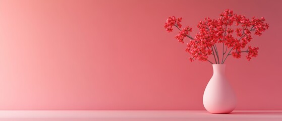 Red background with a vas of red flowers