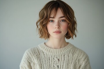a young woman wearing a cream white knit sweater. Generative AI