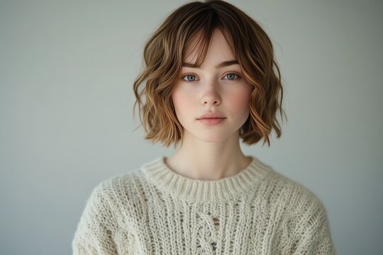 a young woman wearing a cream white knit sweater. Generative AI