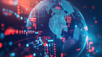 Rotating globe with highlighted financial centers, interconnected by data streams representing global investment flows. 