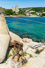 Rusty metallic fishing equipment, view of the sea from the sea, Kavarna, Black Sea, Bulgaria