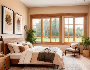 Fototapeta premium Country house, rustic style, modern bedroom with soft bedding and natural light.