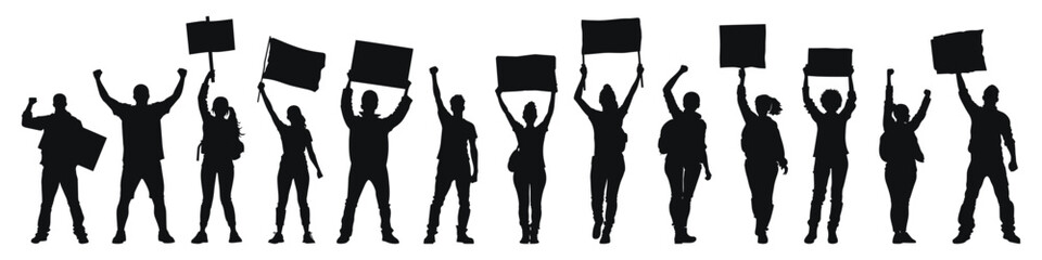 Crowd holding signs and flags in protest, vector illustration. Group of activists raising fists and banners in peaceful demonstration for social causes.