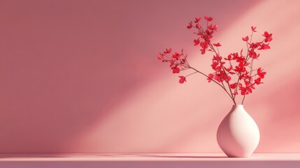 Red background with a vas of red flowers