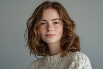 a young woman wearing a cream white color sweater. Generative AI