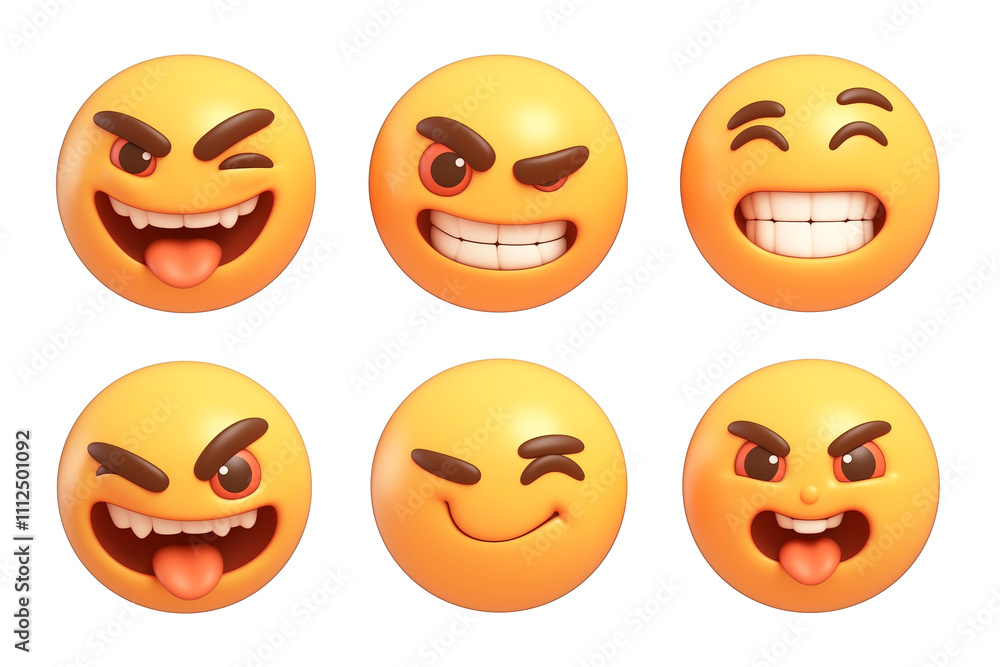 Poster various 3d cartoon emoji faces with different expressions, including winking and smiling, isolated o