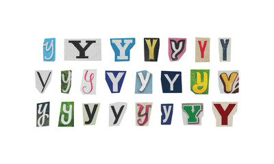 Set of cut-out letter “Y” from magazines on a transparent background, retro y2k ransom font style