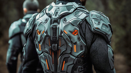 Futuristic cyberpunk exosuit armor concept, high-tech military combat gear, advanced cybernetic soldier protection technology
