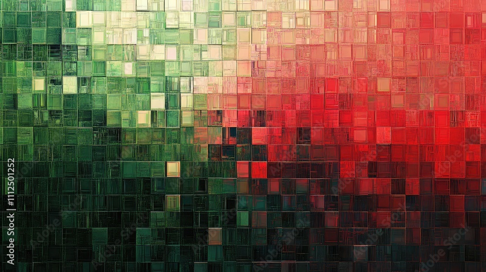 Poster a digital grid filled with organized pixel blocks, transitioning in color from vibrant reds to muted
