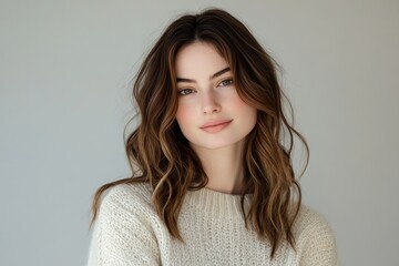 a woman wearing a cream white colored knit sweater. Generative AI