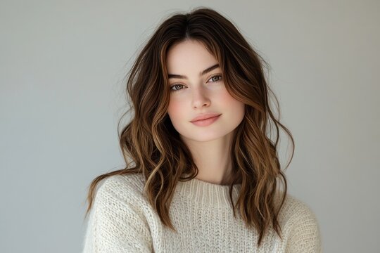 a woman wearing a cream white colored knit sweater. Generative AI