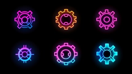Neon glowing gear icons on a black background in vibrant pink, blue, and orange hues, showcasing futuristic and technological design