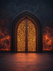 Intricate Patterned Doorway with Warm Light in Dark Room