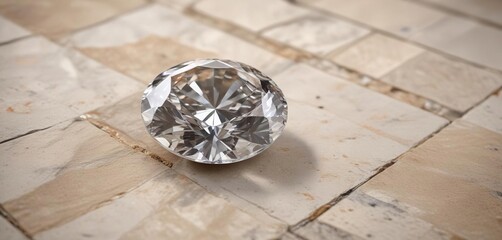 A beautiful colorless round cut diamond is showcased on a beige natural stone tile with subtle inlays , classic, timeless, round cut diamond