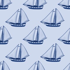 Seamless Pattern: Big Anchor, Ship, and Lifebuoy on Light Blue Background