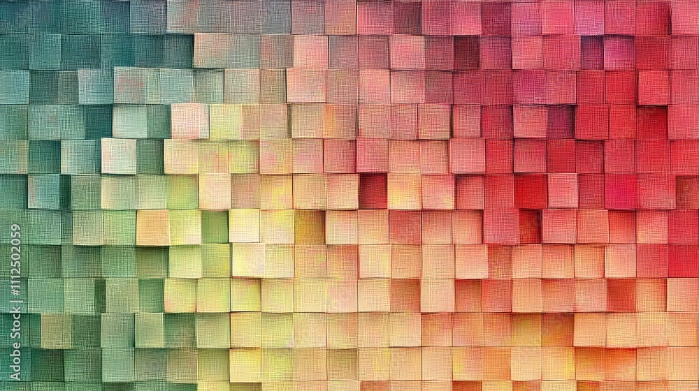 Poster a digital grid filled with organized pixel blocks, transitioning in color from vibrant reds to muted