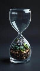 A beautiful glass hourglass containing a small forest of succulents, botanical, succulents, cacti