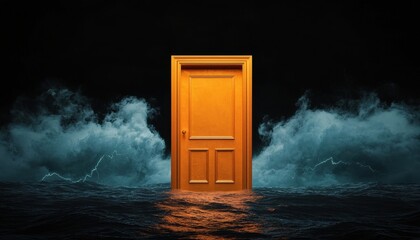 Surreal Scene of an Open Door Emerging from Choppy Ocean Waves