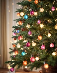Fototapeta premium A beautifully decorated Christmas tree is bathed in the soft glow of colorful light bulbs with bokeh effect , holiday cheer, twinkling decorations, christmas tree