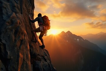 A silhouette of man climbing on rocky mountain on sunset