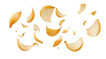 Flying sliced onion rings collection isolated, fresh cut vegetable ingredients levitating, organic cooking pieces in motion set