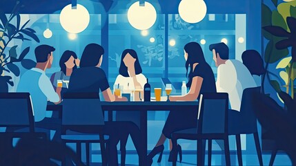 Candid shots of freelancers unwinding with friends over dinner, emphasizing the importance of social connections and relaxation