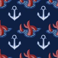 Seamless Pattern: Small Anchor and Tentacles on Blue and Black Background