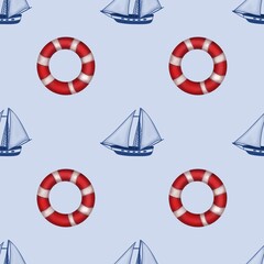 Seamless Pattern: Small Lifebuoy and Ship on Light Blue Background