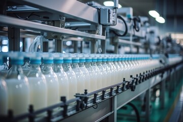 Obraz premium bottling milk production line in a factory
