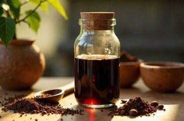 Tall glass cold brew jar with cork lid and coffee accents