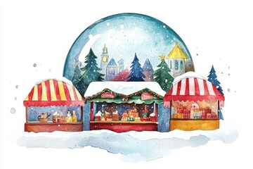 Winter market festival snow globe scene digital art cozy atmosphere artistic view holiday spirit
