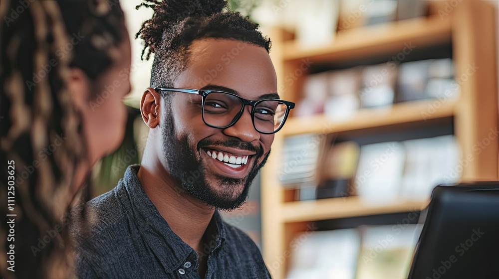 Poster close-up of a representative assisting a customer with a smile, showcasing the commitment to providi