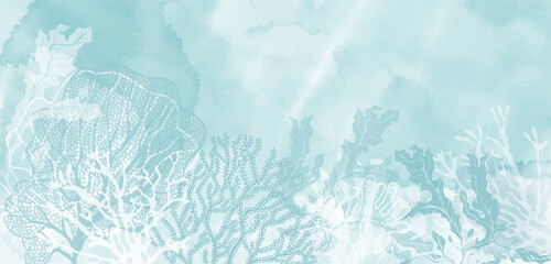 Luxury invitation card background on a marine theme with underwater plants, corals on a blue watercolor background.  Abstract art background, cover template. Vector design with space for text.