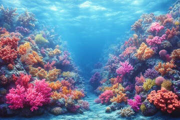 Fototapeta premium Vibrant Coral Reef Underwater Scene Showing Diverse Marine Life