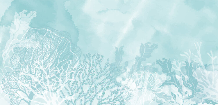 Luxury invitation card background on a marine theme with underwater plants, corals on a blue watercolor background.  Abstract art background, cover template. Vector design with space for text.