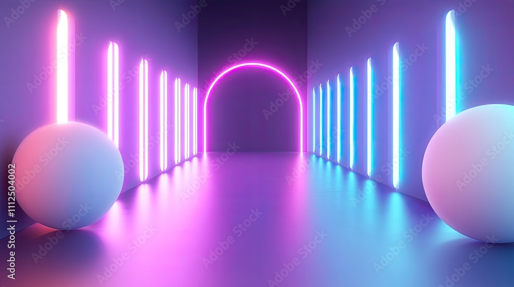 Aufkleber digital spheres and prisms floating through a neon space, combining futuristic 2d and 3d visuals.